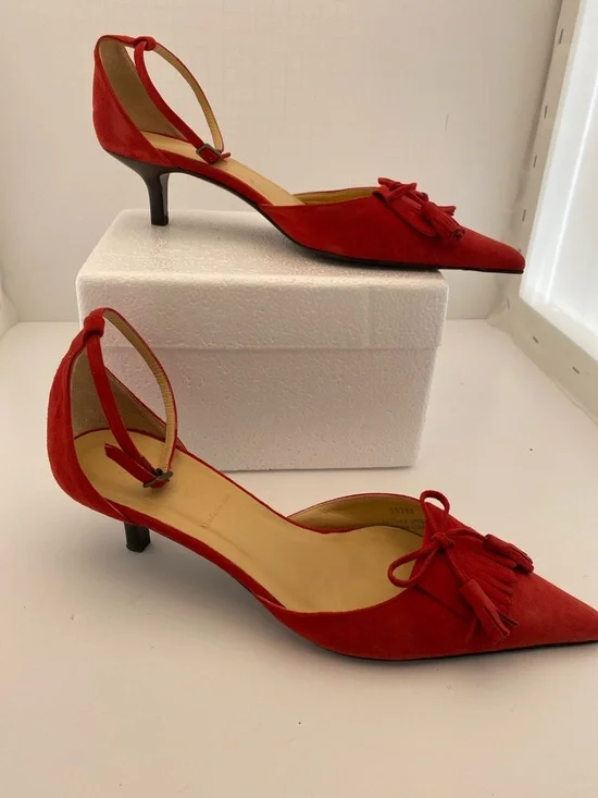J. Crew Red Suede Pointed-Toe Ankle-Strap Heels with Tassel Bow - Picture 2 of 5